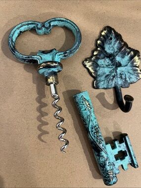 Vintage 1960s German Brass Skeleton Key Corkscrew and Bottle Opener, Leaf Hanger